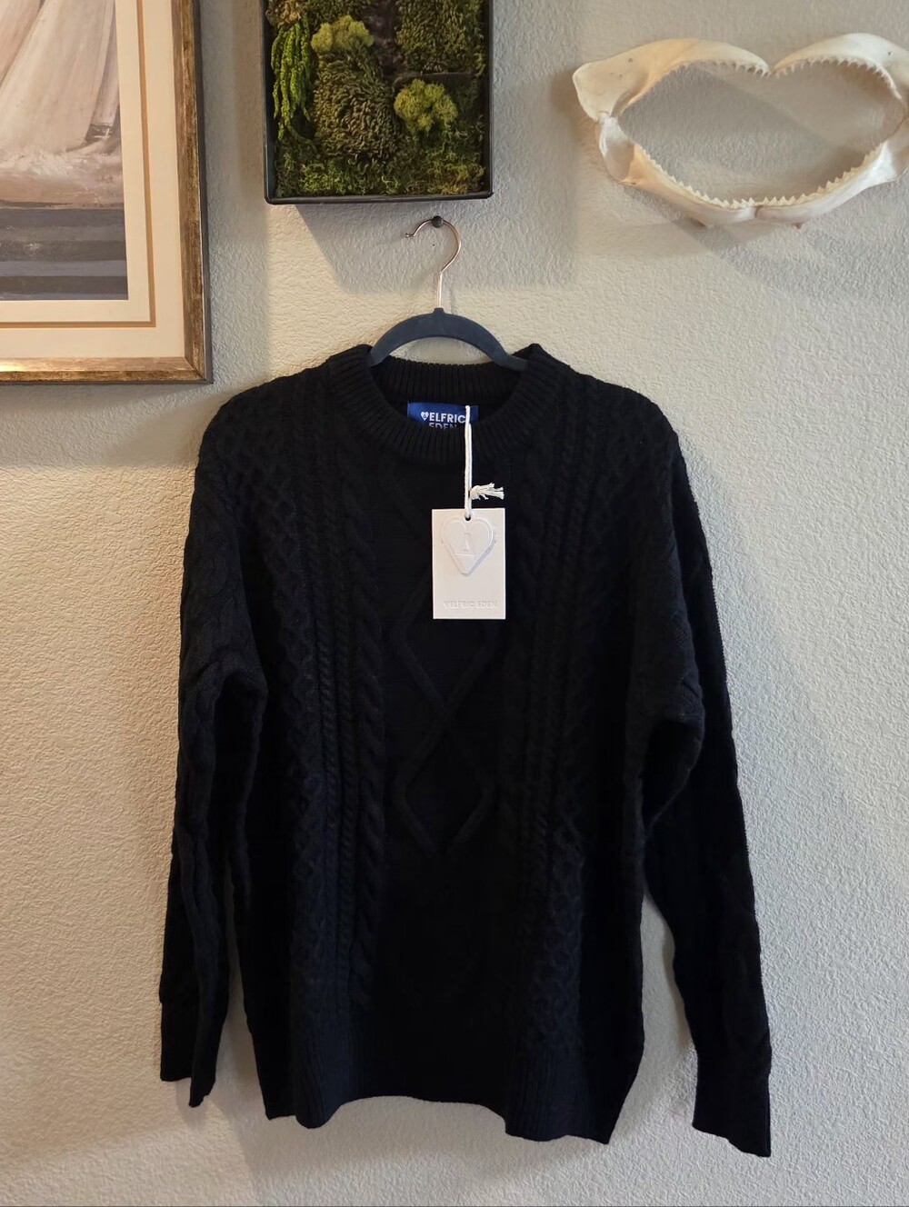Aelfric Eden Black Cable Knit Fisherman Crewneck,  Mens, Size MEDIUM